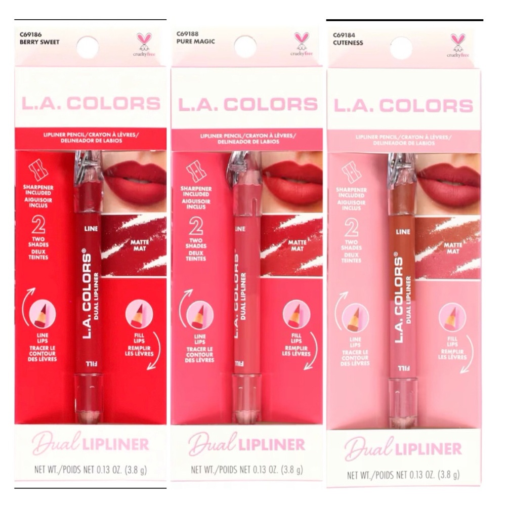 L.A. COLORS Lip Liner Duos 2 in 1, Berry Sweet, Cuteness & Pure Magic (Set of 3)